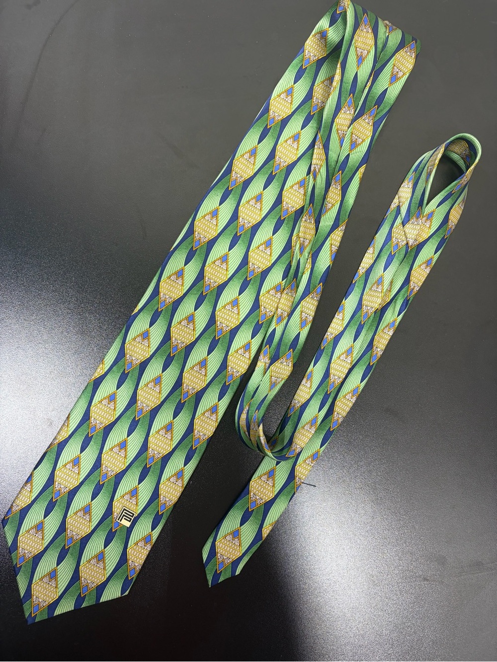Pierre Pacha Italy 100% Silk Tie Green Blue Geometric Designer Vintage
